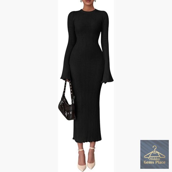 Dresses & Skirts - Long Sleeve Bodycon Maxi Dress Ribbed Knit Bell Sleeve Crew Neck